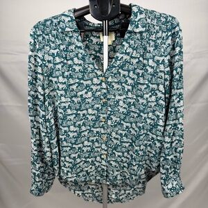 Anthropologie Maeve Tiger Print Button Front Blouse Green White Size 8